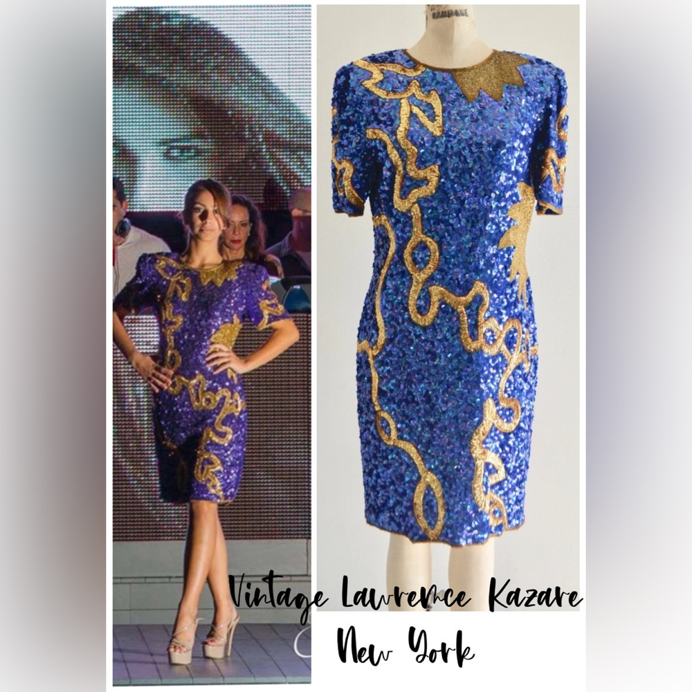 Laurence Kazar Silk Sequin Bead Sun Star Dress Blue Gold Celestial 80s VTG XL